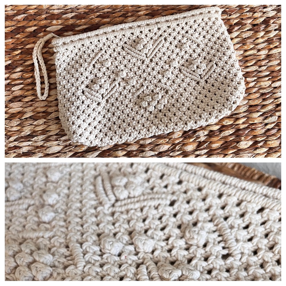 Vintage 70s wristlet macrame clutch purse travel woven bag purse
